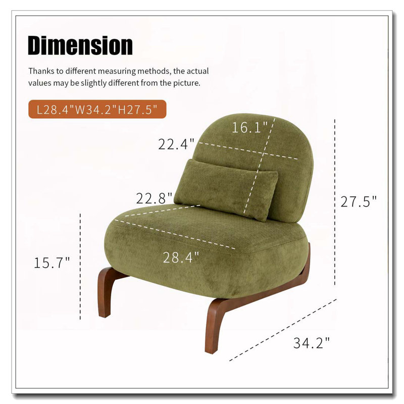Chaise de salon en velours avec coussin moelleux, fauteuil d'appoint sans accoudoirs avec pieds en bois massif, Vert