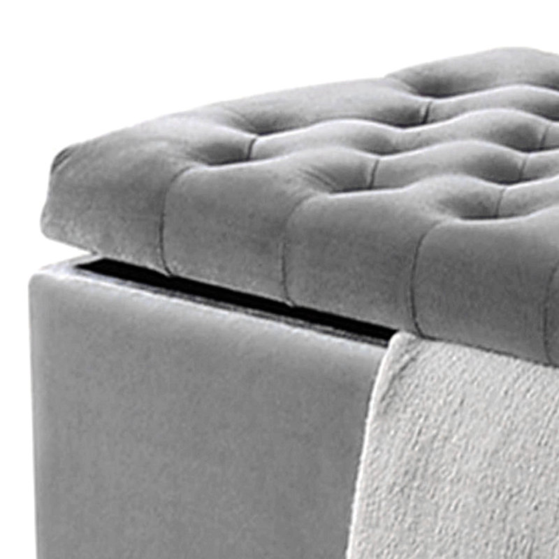 Lift-Top Storage Bench With Grey Velvet Upholstery, Tufted Design, Hidden Storage & Sturdy Wooden Legs
