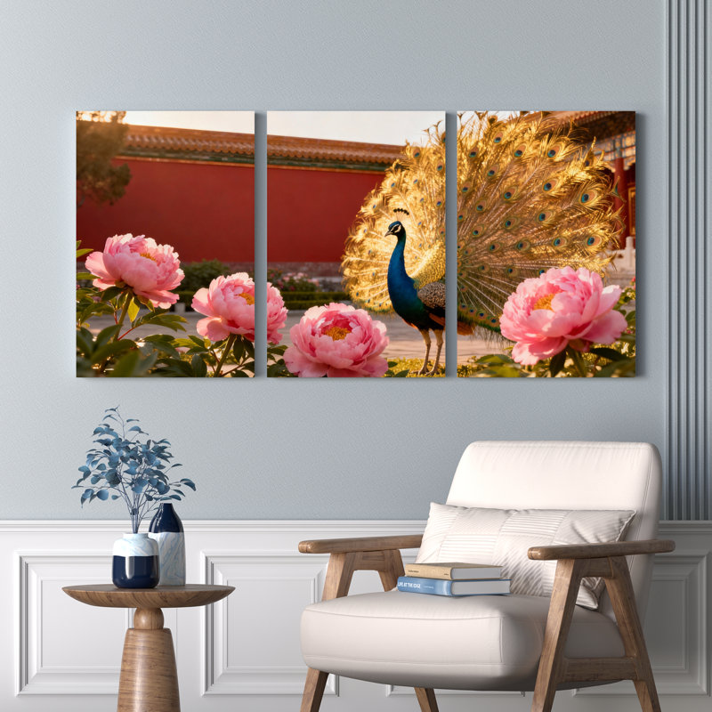 Ensemble de 3 tableaux sur toile tendue représentant un paon et des pivoines roses, dans un jardin chinois.