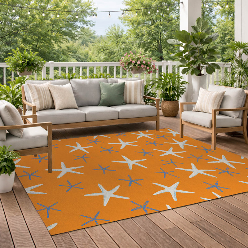 Starfish Decorative Outdoor Rug, Rectangle 4' x 6', Orange