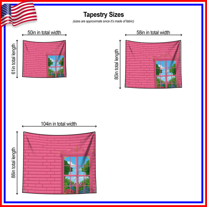 Pink Brick Wall Window Wall Tapestry - Window Wall Decor, 68in H x80in W with 4 Grommets