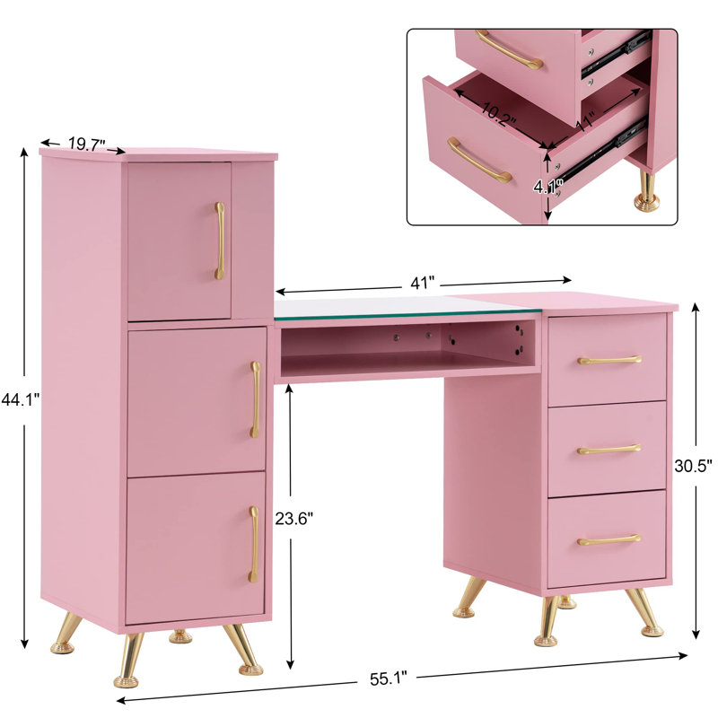 Classic Manicure Table with Glass Top, Nail Desk with Drawers, Vanity Makeup Desk, Pink