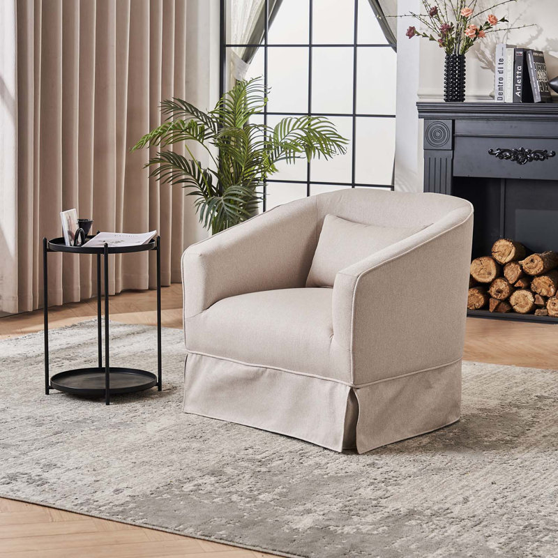 Fauteuil demi-tonneau pivotant en lin avec repose-pieds, Lin beige
