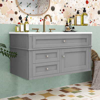 Meuble-lavabo mural flottant avec vasque en céramique, armoire murale avec 2 tiroirs de rangement