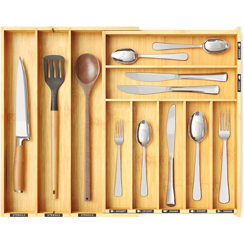 Natural Bamboo Adjustable Silverware Drawer Organizer with Labels