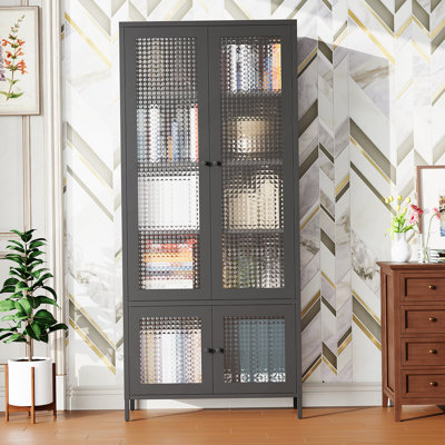 Grande armoire de rangement en métal avec 4 portes vitrées et 5 tablettes latérales