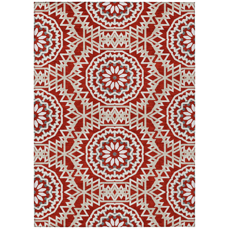 Tapis intérieur / extérieur 8 pi x 10 pi beige et ivoire avec médaillon floral lavable