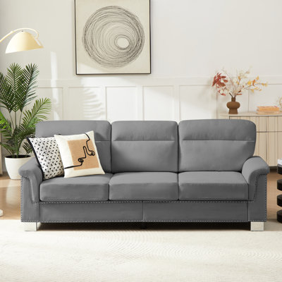 Canapé gris moderne de 208 cm de long, en tissu comprimé, avec coussin en mousse haute densité et élégante garniture cloutée. Parfait pour le bureau ou la chambre. Coussin confortable à ressorts ensachés, design incurvé et tendance.