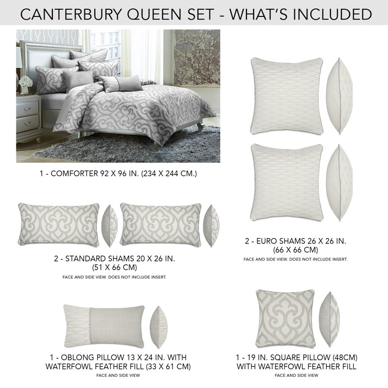 Canterbury Comforter Set - Silver, Queen Comforter + 4 Shams + 2 Pillows