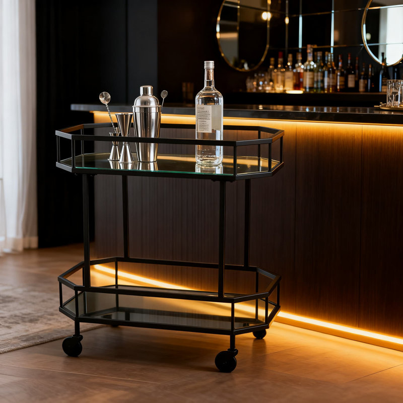 Chariot-bar noir à 2 niveaux avec tablettes et roulettes