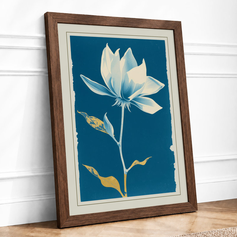 White Lotus Bloom Botanical - Framed Print, Walnut, A4 - 29.7 x 21.0 cm