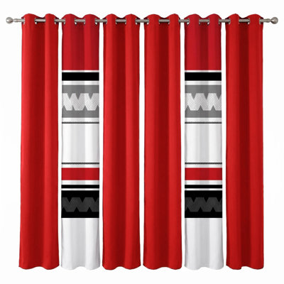 9-Piece Red & Gray Geometric Microfiber Bedspread & Curtain Set with 2 Shams and 6 Light-Filtering Grommet Panels