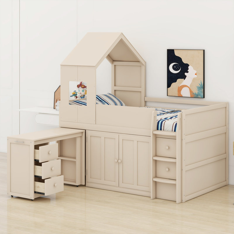 Lit mezzanine complet en bois avec bureau, armoires et tiroirs, Beige