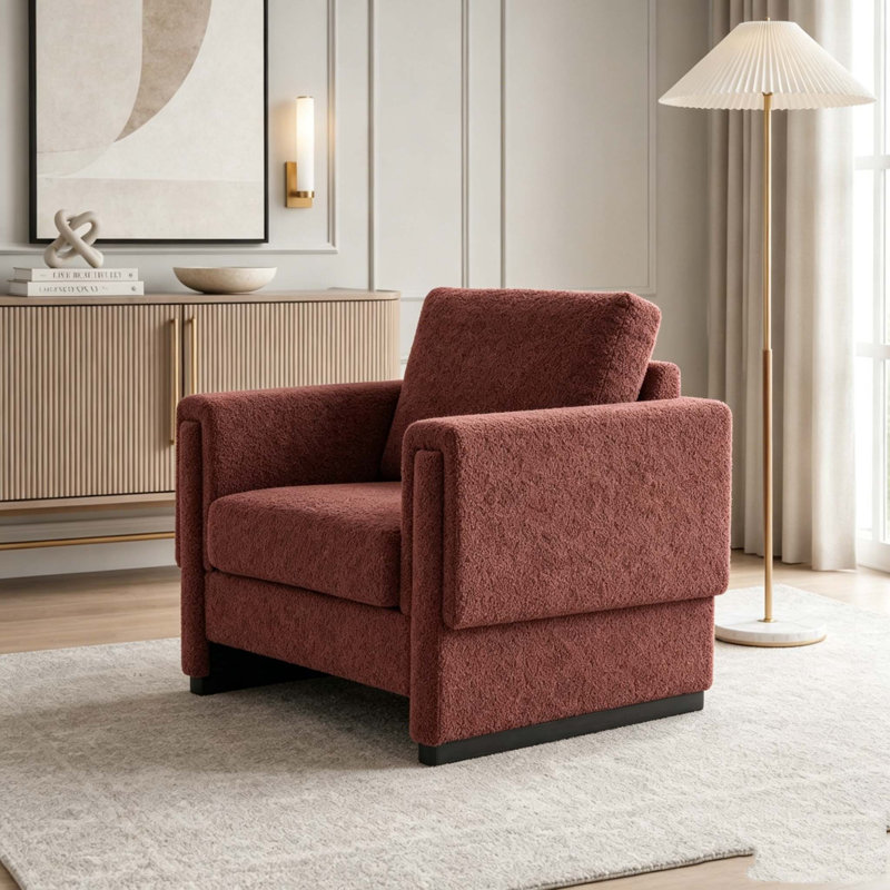 Fauteuil d'appoint rembourré avec accoudoirs en bois massif, fauteuil club carré en tissu avec coussin épais Boucle, fauteuil d'appoint moderne