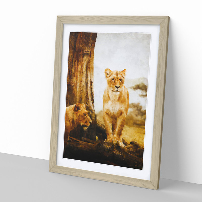 Two Lioness - Framed Print, 65cm H x 48cm W x 2cm D, Oak Framed