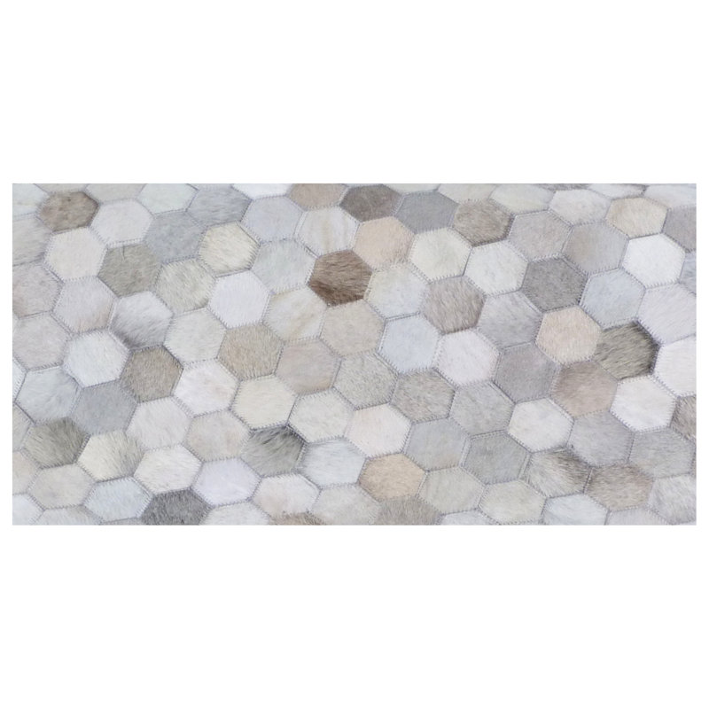 Mosaic Leather Cowhide Geometric Area Rug in Silver, Rectangle 11'6" x 14'6"