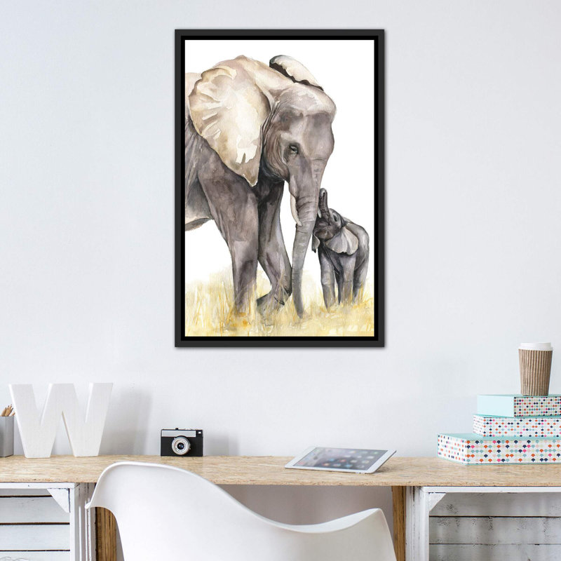 Décoration murale éléphant, H 40 po x l 26 po x P 1,5 po, Toile encadrée noir délavé