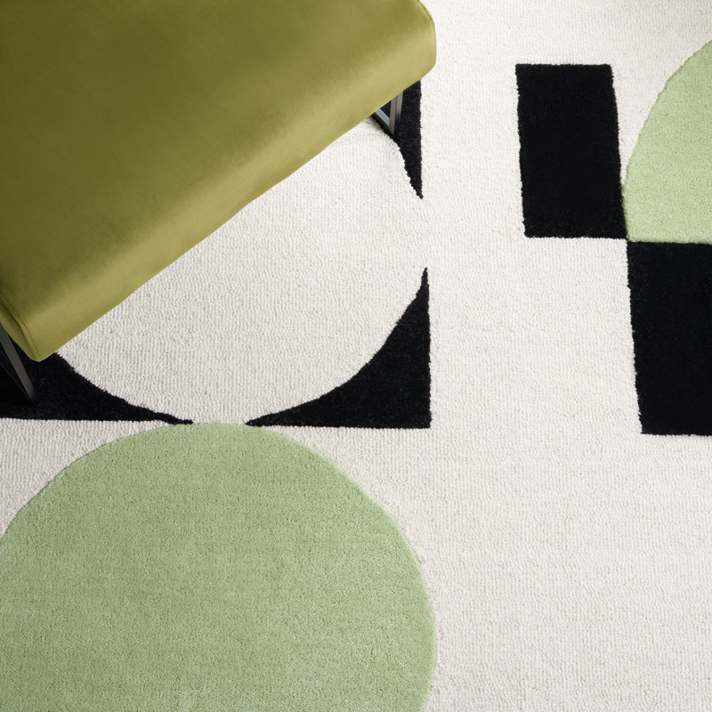 Tapis vert / noir / blanc en laine fabriqué à la main Felipe, Rectangle 5 pi x 8 pi