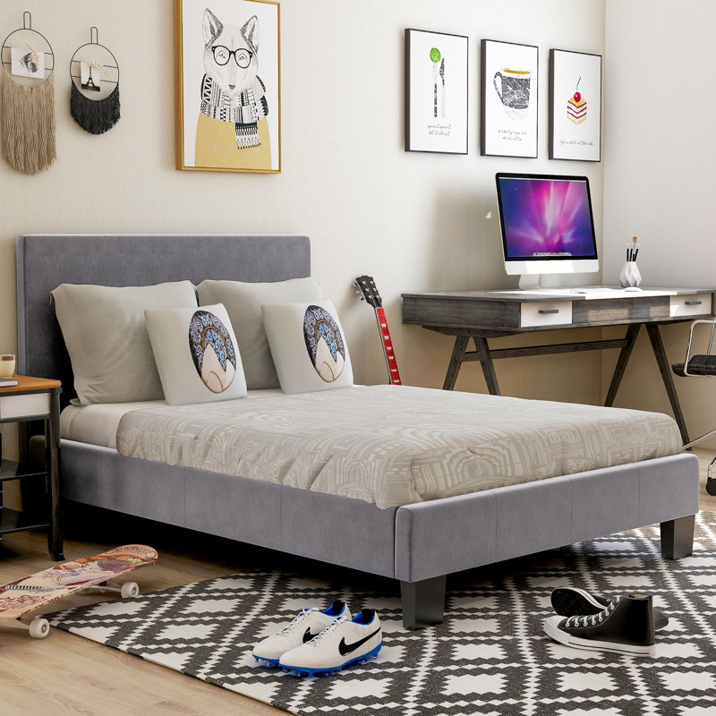 Keilianys Upholstered Low Profile Platform Bed, Full, Gray