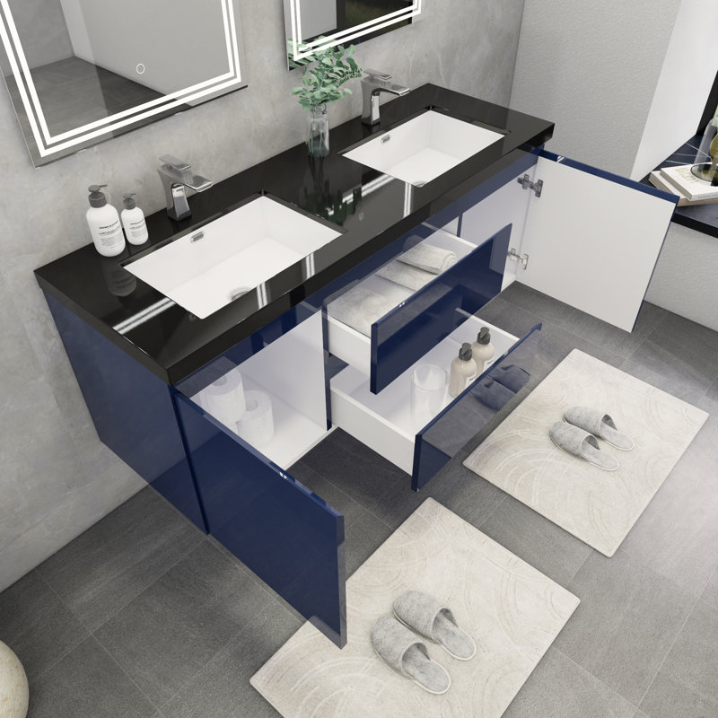 Castin 60" Wall-Mounted Double Bathroom Vanity Set, Glossy Blue
