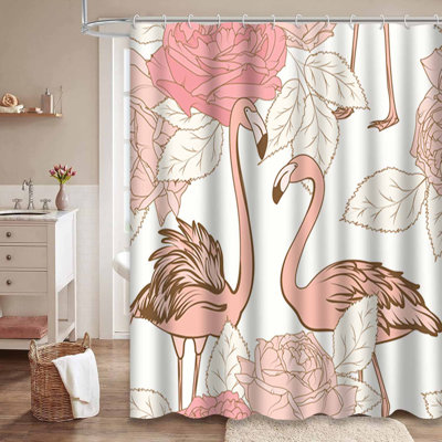 Waterproof Pink Floral Flamingo Love Shower Curtain with 12 Hooks