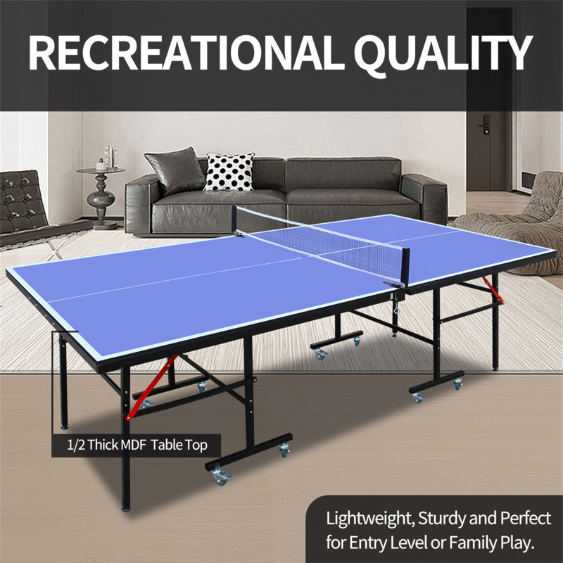 8Ft Mid-Size Table Tennis Table Foldable & Portable Ping Pong Table Set For Indoor Games With Net, 2 Table Tennis Paddles And 3 Balls