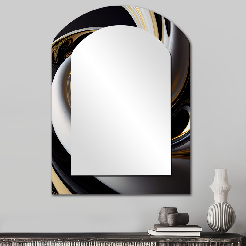 Vitrail doré noir et blanc III - Miroir décoratif en forme d'arche abstraite sur métal, 34 po x 25 po
