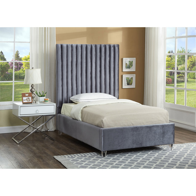 Upholstered Platform Bed, Grey Velvet, Twin