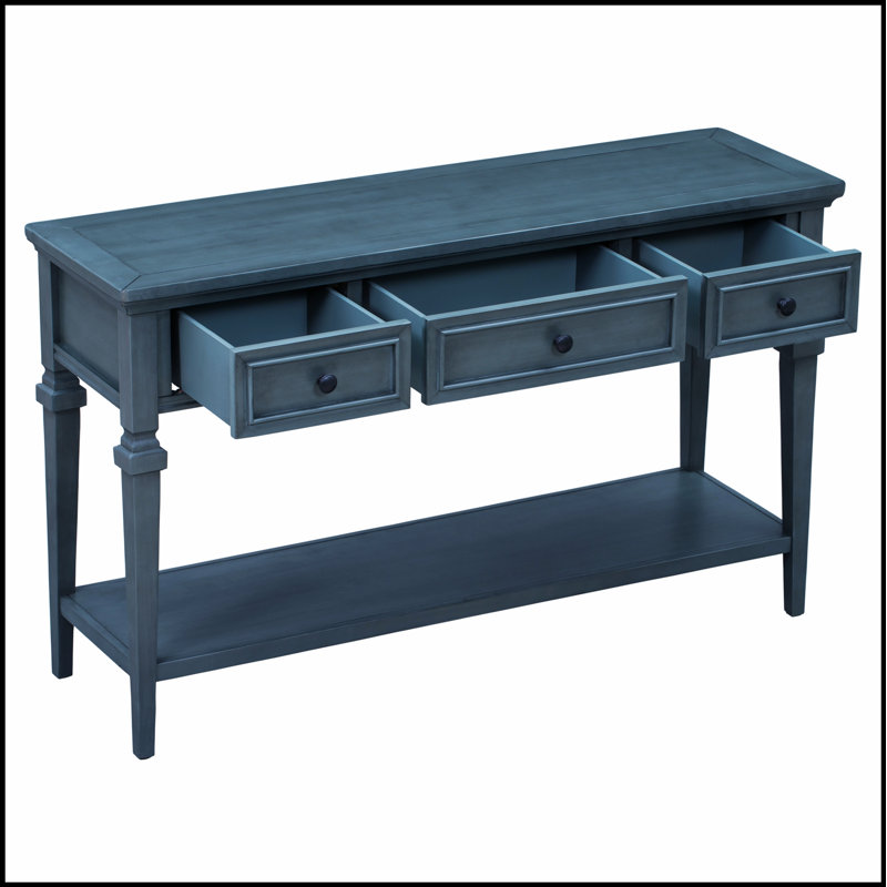 Classic Retro Style Console Table with Three Drawers and Open Bottom Shelf, Easy Assembly, Navy, Navy