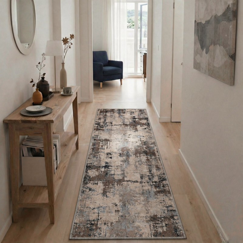 Mignone Kaleido Abstract Machine Washable Taupe Indoor Area Rug With Non-Slip Backing, Runner 2' x 6'