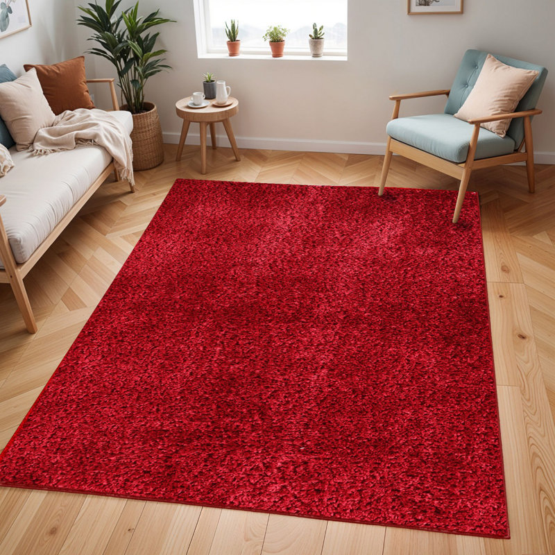 Red Modern Shaggy Rug, Plain Anti Slip Easy to Clean Rug For Living Room, Dining Room, Bedroom, Kitchen