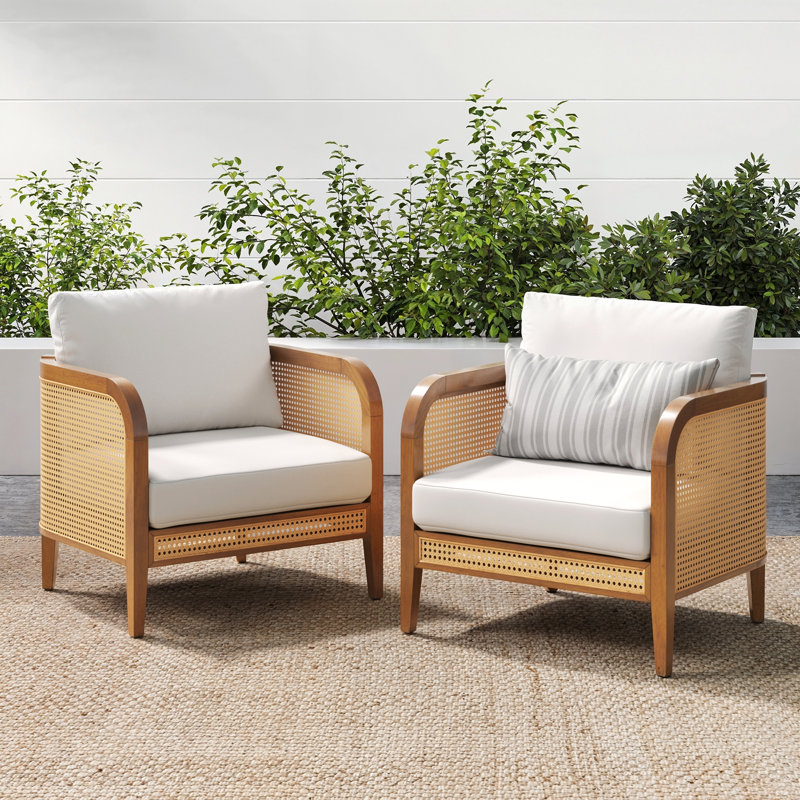 Boho Cushioned Patio Chair with Solid Wood Frame, White Cushion/Acacia Frame