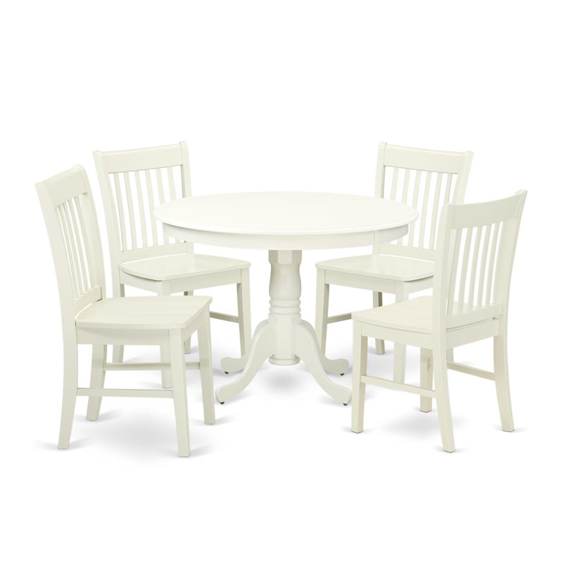 Ensemble de table de salle à manger 5 pièces pour 4 personnes comprenant une table de cuisine ronde avec piédestal et 4 chaises de coin-repas, lin blanc