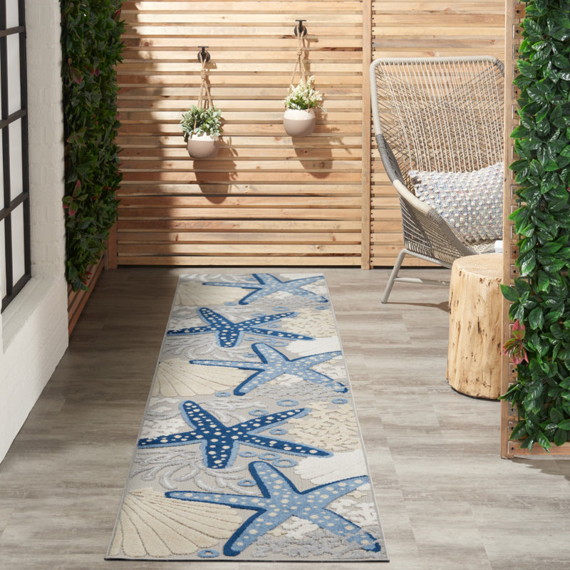 Tapis d'intérieur / extérieur bleu / gris Aarav, Tapis de couloir 2 pi 3 po x 12 pi