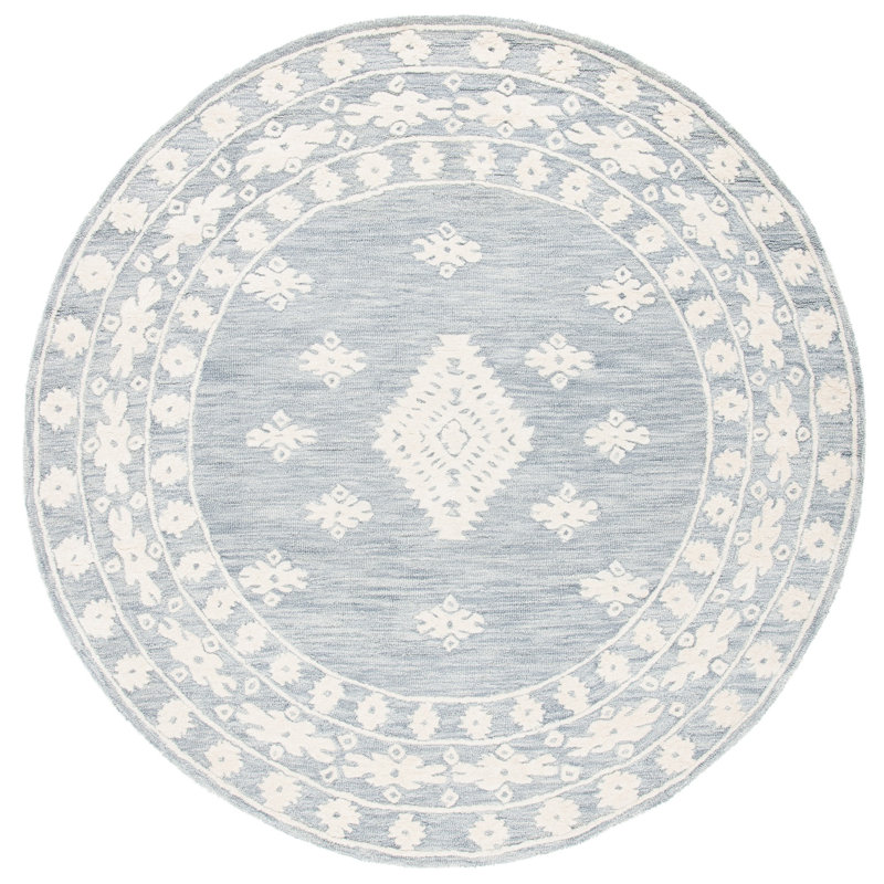 Tapis gris clair en laine / coton touffeté à la main, Rond 7 pi