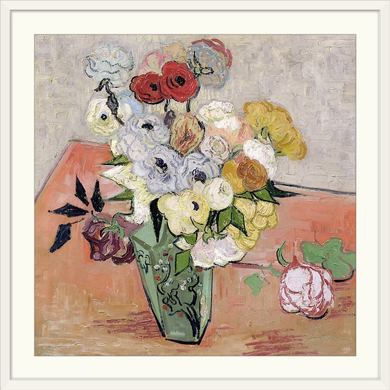 Roses et anémones, 1890 par Vincent Van Gogh - reproduction, H 20" x l 20" x P 1", Cadre blanc