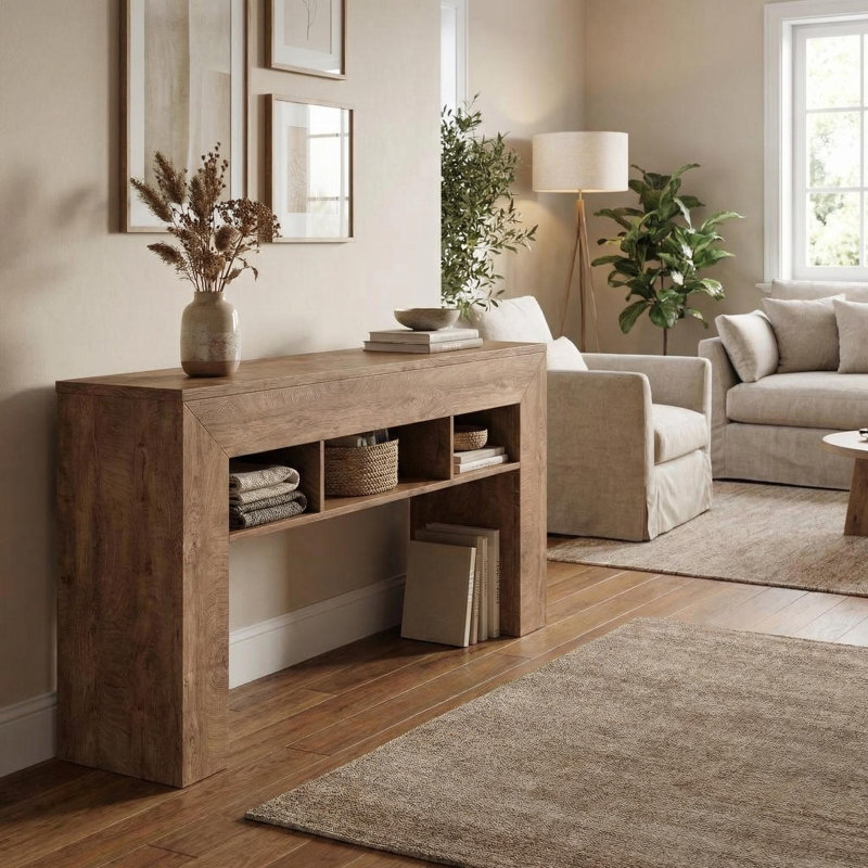 63" Long Console Table with 3 Open Shelves, Narrow Entryway Sofa Table for Hallway Living Room, Natural