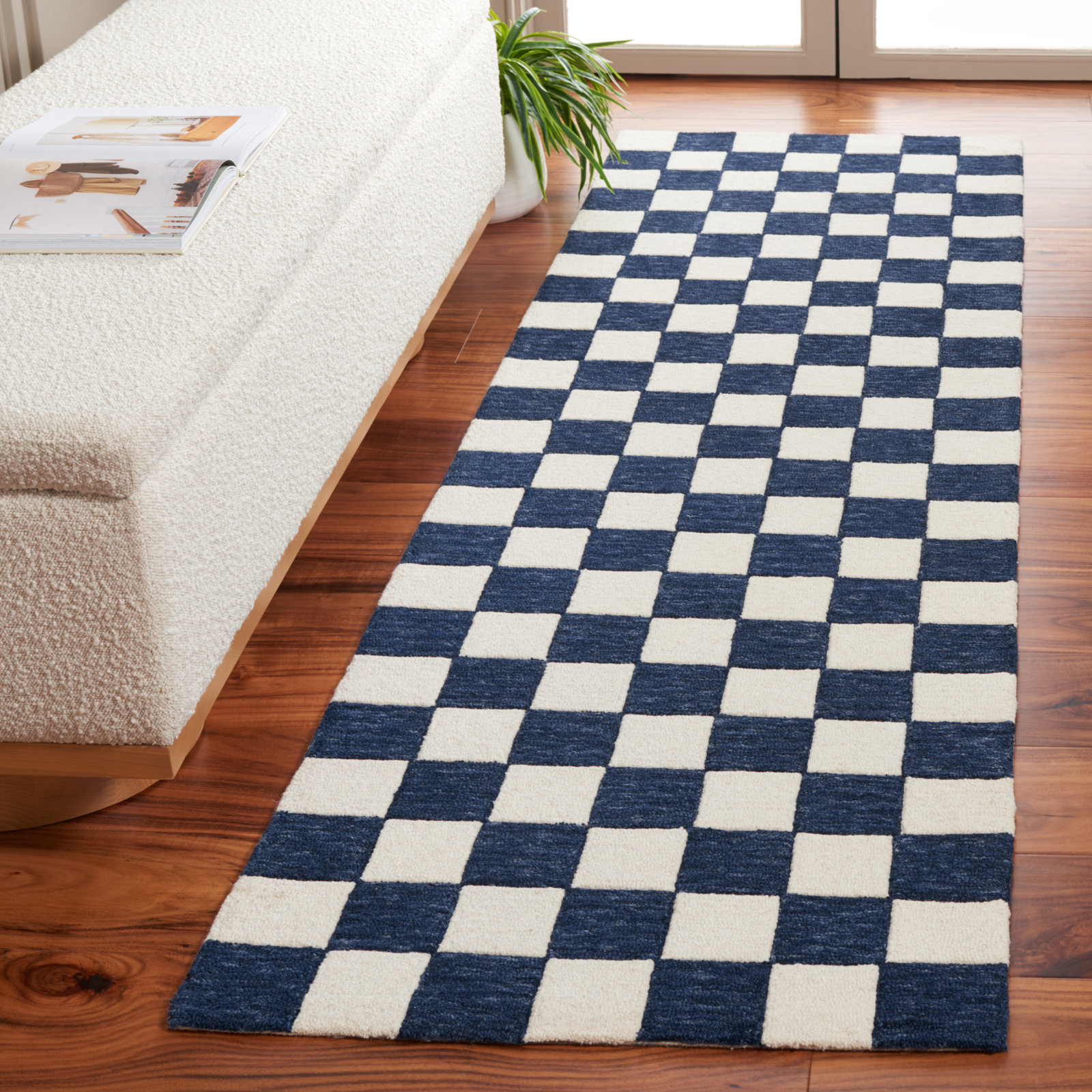 Freemont Navy Ivory Hand-Tufted Checkered Rug, Runner 2'3" x 8'