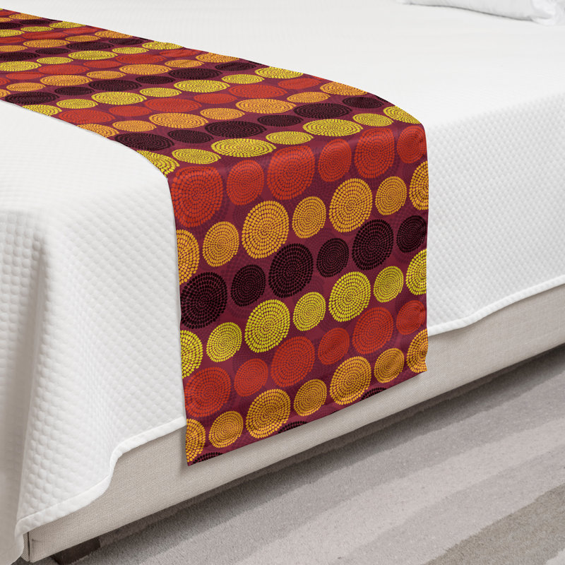 Ambesonne Abstract Bed Runner Dotted Spiraling Dark Maroon Yellow, Twin