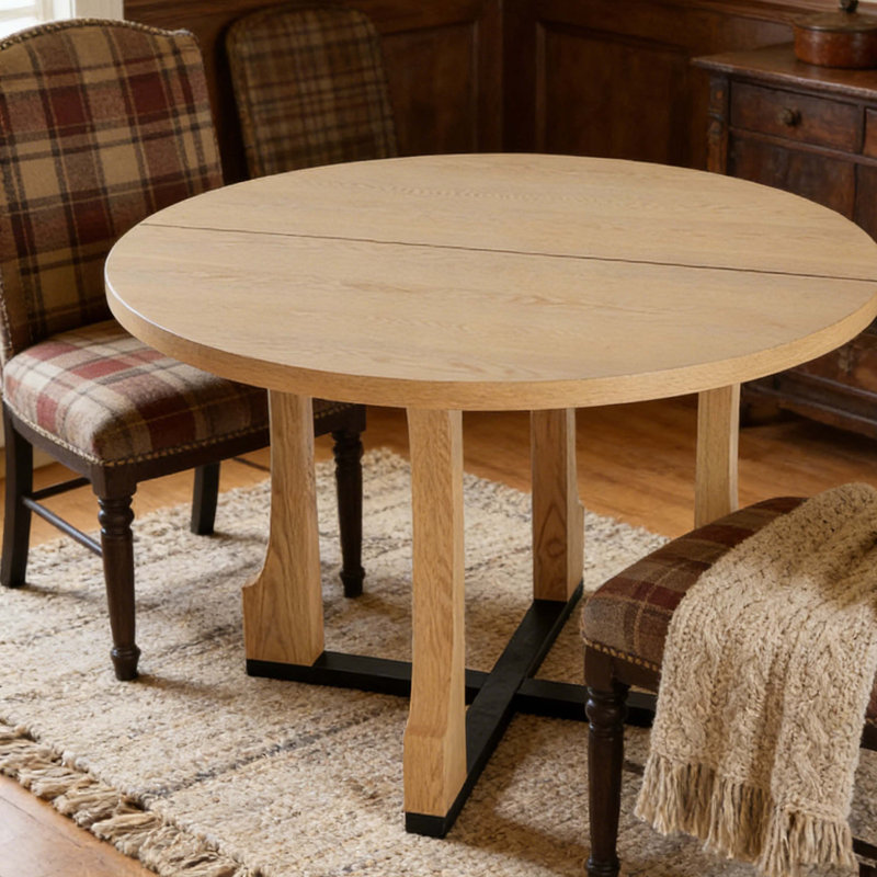 Table de salle à manger 48 po ronde, bois de frêne naturel et panneau de fibres à densité moyenne avec base en croix noire, conception extensible pour petite cuisine et salle à manger
