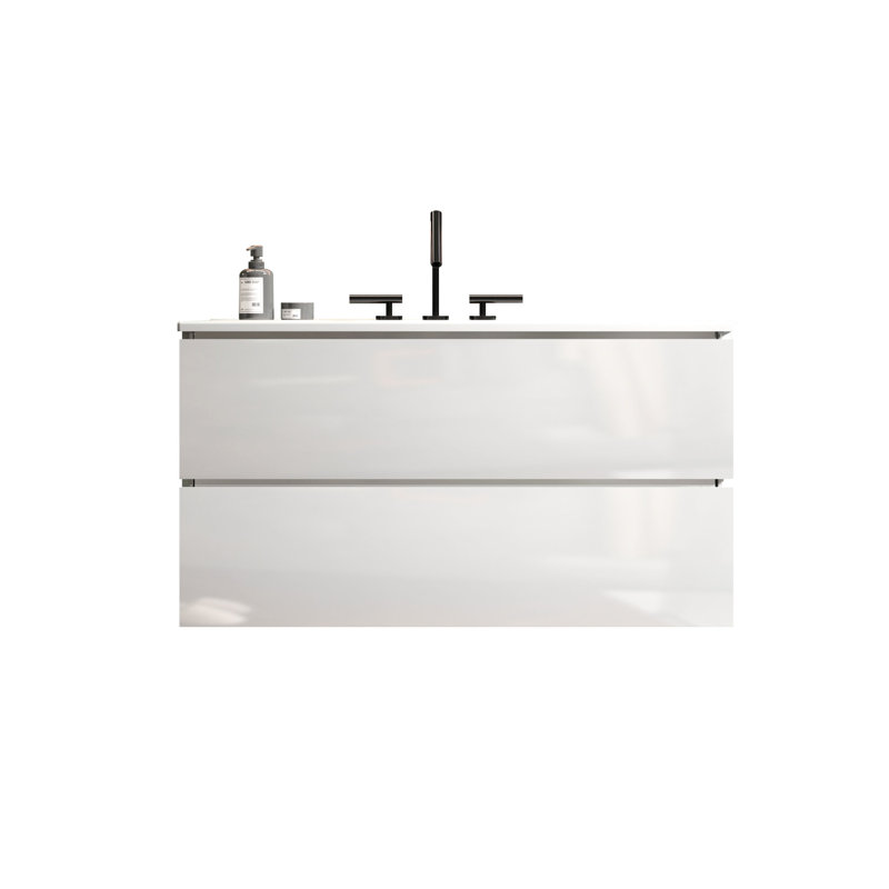 Meuble-lavabo moderne blanc brillant de 36 po - lavabo en céramique et 3 trous de robinet, rangement abondant, tiroirs silencieux pour une idée de décoration avec tiroirs spacieux, look