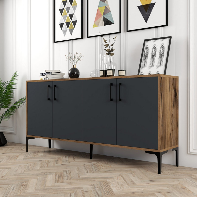 Modern Console Table with Metal Legs, Walnut & Anthracite, 63.0 x 30.7 x 13.8 inches | 100% Melamine Coated Particle Board, Thickness: 0.7 inches | Stylish Storage Solution with Multiple Shelves for Home & Office