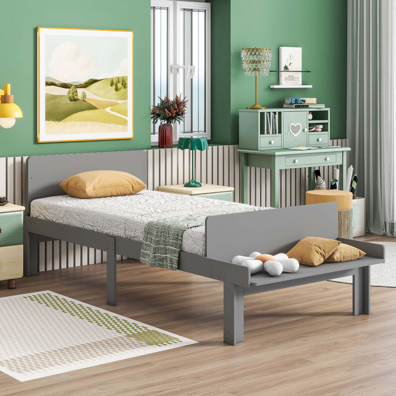 Lit avec cadre en bois massif Leita, Gris, Lit simple