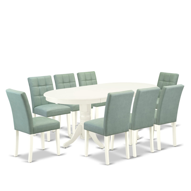 Ensemble de salle à manger 9 pièces comprenant une table à manger en bois et 8 chaises Parsons en simili cuir vert saule, lin 