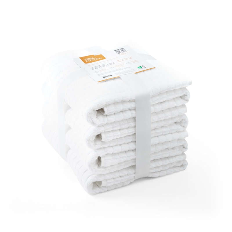 TOWN & COUNTRY EVERYDAY 4-Piece Textured Windowpane Bath Towel Set, 30x58-Inch, 100% Cotton, White