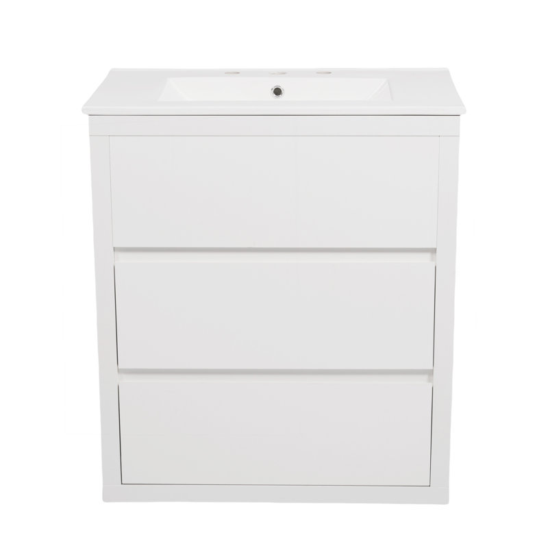 Meuble-lavabo 30 po avec lavabo en céramique et 2 tiroirs pleine extension, meuble-lavabo autoportant avec poignée libre à 45 °, glissières de tiroir à fermeture en douceur, blanc