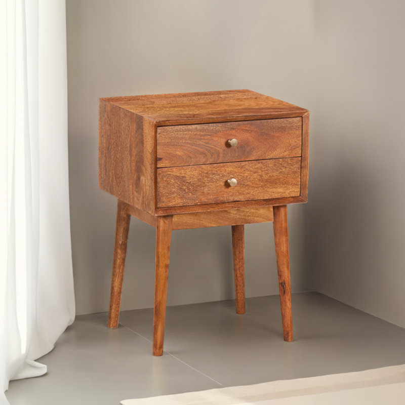 Nali Bedside Nightstand Table, 2 Drawers, Sandblasted Mango Wood, Brass Knobs, Natural Brown 