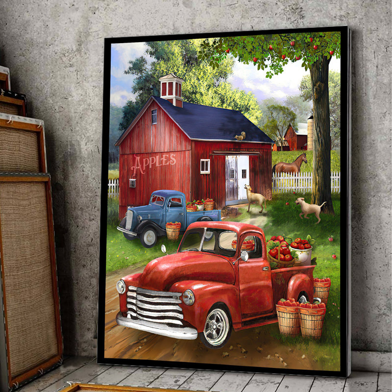«Happy Apple Farm», toile tendue avec châssis - Illustration de ferme décorative, rouge et bleu