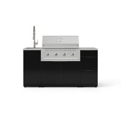 Ensemble d'armoires pour l'extérieur en aluminium noir 5 pièces avec évier, 3 tiroirs, armoire de barbecue, gril au propane liquide 36 po, comptoir en acier inoxydable 16 po et robinet en nickel brossé