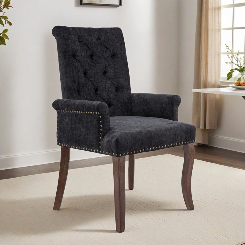 Chaise de salle à manger rembourrée en tissu de chenille, fauteuil de salle à manger club capitonné élégant, Noir